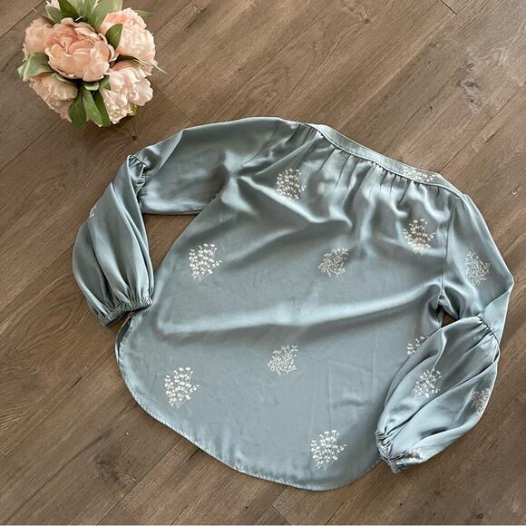 New LOFT Blue Green Floral Poof Long Sleeve Blouse - Picture 3 of 6